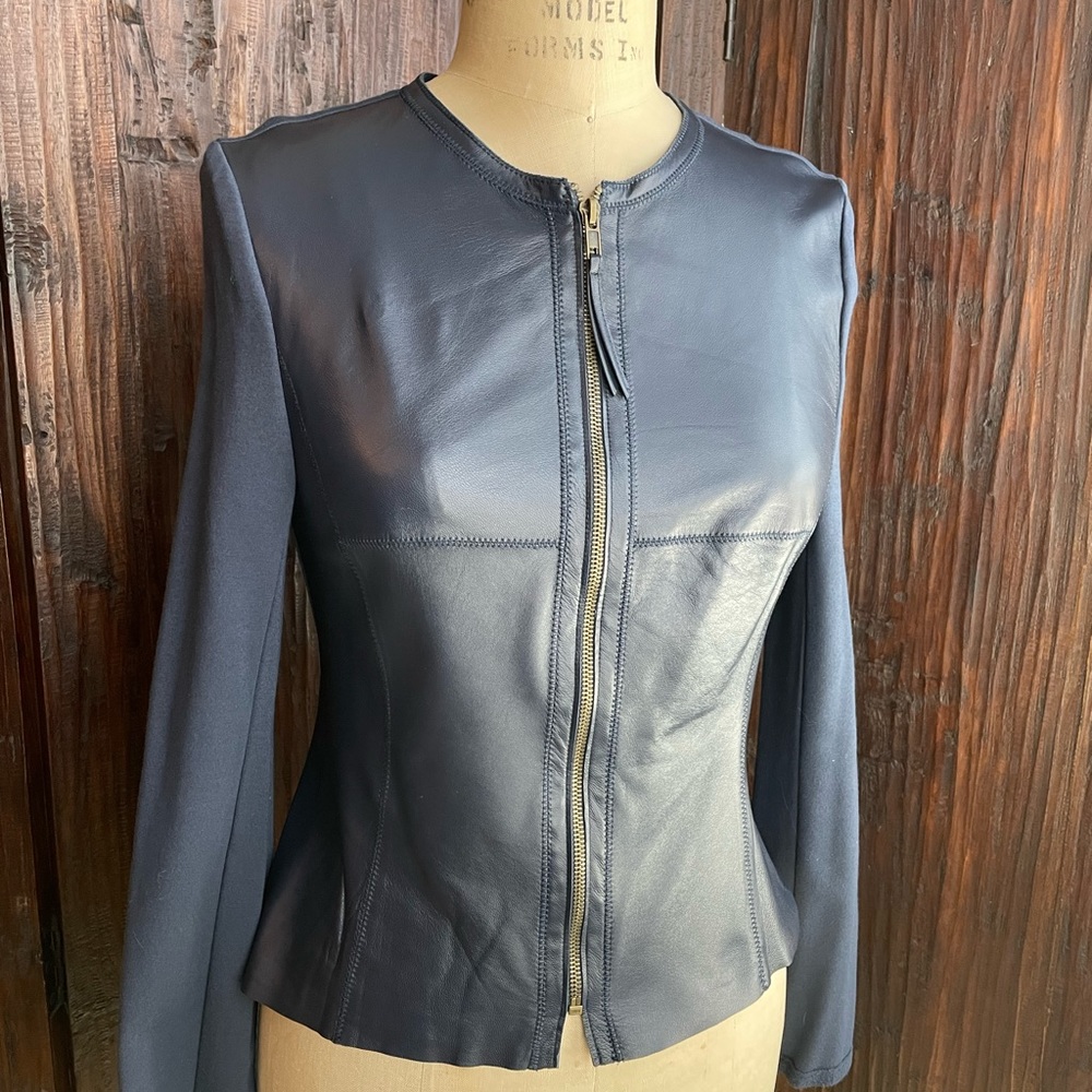Dark Navy lamb Napa leather zip cardigan